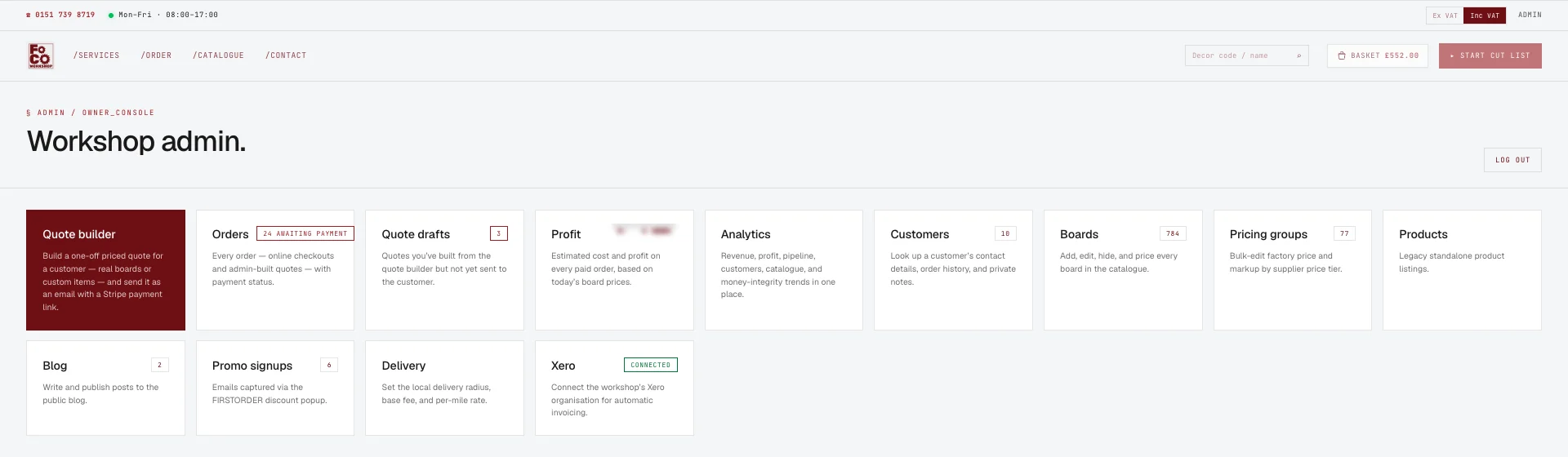 The workshop admin: tiles for quote builder, orders, quote drafts, profit, analytics, customers, boards, pricing groups, products, blog, promo signups, delivery and Xero